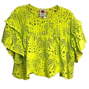 Farm Rio Lime Green Richilier Blouse Womens Size M Palm Tree Eyelet Ruffle $185